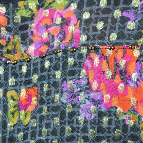 Anthropologie Fiorella Floral Blouse Gold Metallic Beaded Black Pink Red 4 - Picture 7 of 16